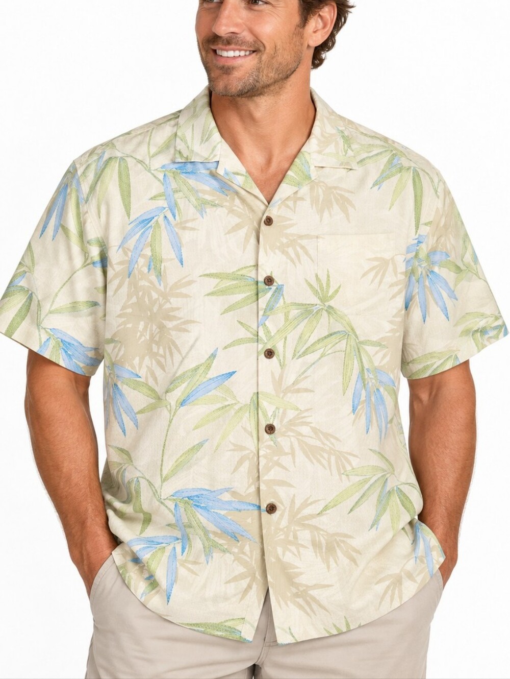 Tommy Bahama Men’s XXL 100% Silk Bamboo Tropical Hawaiian Camp Shirt Ivory Blue